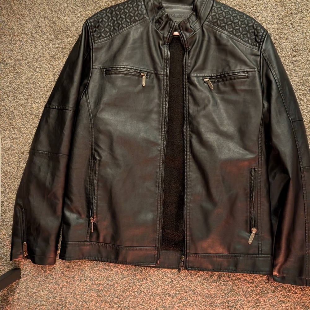 Men's Black Faux Leather Jacket with Quilted Shoulders